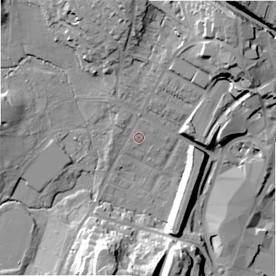 Shaded relief map of the ground around B736DH, computed from Environment Agency LiDAR. The ground here sits at about 112 m above sea level and falls 32 m across the surrounding 800 m. Surface water reaching this point runs off ground lying to the north-east, 29.4 m higher.