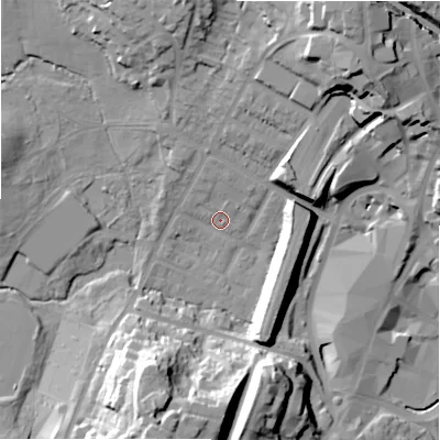 Shaded relief map of the ground around B736DJ, computed from Environment Agency LiDAR. The ground here sits at about 110 m above sea level and falls 33 m across the surrounding 800 m. Surface water reaching this point runs off ground lying to the south-south-west, 29.1 m higher.