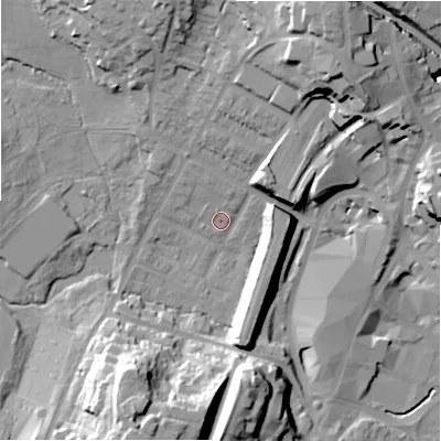 Shaded relief map of the ground around B736DL, computed from Environment Agency LiDAR. The ground here sits at about 111 m above sea level and falls 34 m across the surrounding 800 m. Surface water reaching this point runs off ground lying to the south-south-west, 29.0 m higher.