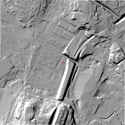 Shaded relief map of the ground around B736DN, computed from Environment Agency LiDAR. The ground here sits at about 112 m above sea level and falls 34 m across the surrounding 800 m. Surface water reaching this point runs off ground lying to the south-south-west, 29.0 m higher.