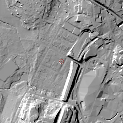 Shaded relief map of the ground around B736DP, computed from Environment Agency LiDAR. The ground here sits at about 112 m above sea level and falls 34 m across the surrounding 800 m. Surface water reaching this point runs off ground lying to the south-south-west, 29.0 m higher.