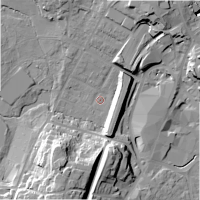 Shaded relief map of the ground around B736DR, computed from Environment Agency LiDAR. The ground here sits at about 109 m above sea level and falls 34 m across the surrounding 800 m. Surface water reaching this point runs off ground lying to the south-south-west, 30.4 m higher.
