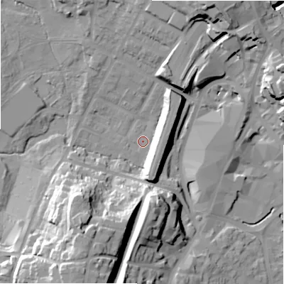 Shaded relief map of the ground around B736DS, computed from Environment Agency LiDAR. The ground here sits at about 110 m above sea level and falls 34 m across the surrounding 800 m. Surface water reaching this point runs off ground lying to the south-south-west, 30.4 m higher.