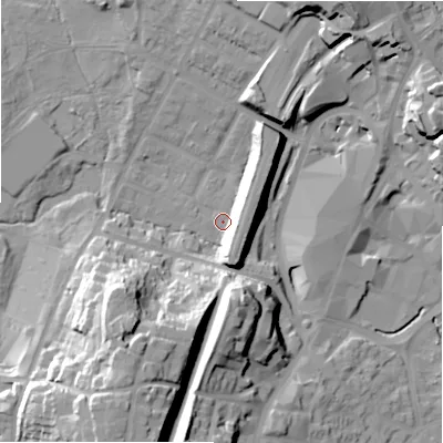 Shaded relief map of the ground around B736DT, computed from Environment Agency LiDAR. The ground here sits at about 110 m above sea level and falls 34 m across the surrounding 800 m. Surface water reaching this point runs off ground lying to the south-south-west, 30.2 m higher.