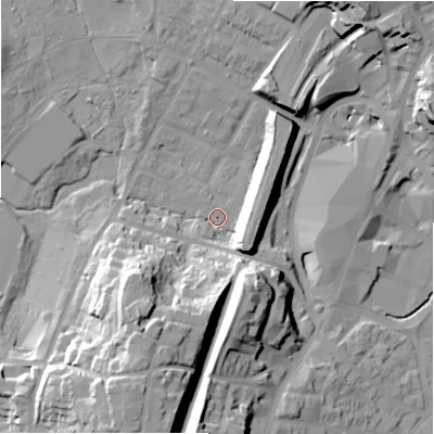 Shaded relief map of the ground around B736DU, computed from Environment Agency LiDAR. The ground here sits at about 110 m above sea level and falls 34 m across the surrounding 800 m. Surface water reaching this point runs off ground lying to the south-south-west, 30.3 m higher.
