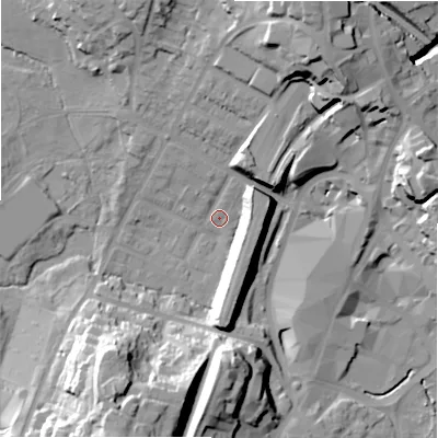 Shaded relief map of the ground around B736DW, computed from Environment Agency LiDAR. The ground here sits at about 110 m above sea level and falls 34 m across the surrounding 800 m. Surface water reaching this point runs off ground lying to the south-south-west, 29.6 m higher.