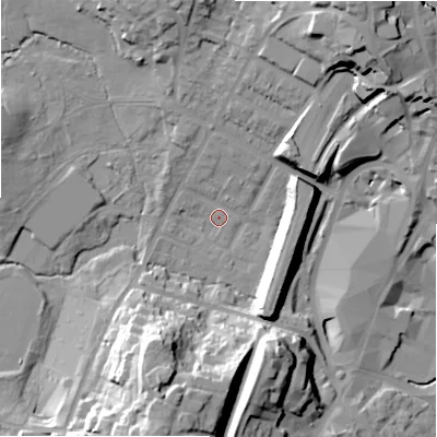 Shaded relief map of the ground around B736DY, computed from Environment Agency LiDAR. The ground here sits at about 110 m above sea level and falls 33 m across the surrounding 800 m. Surface water reaching this point runs off ground lying to the south-south-west, 29.9 m higher.