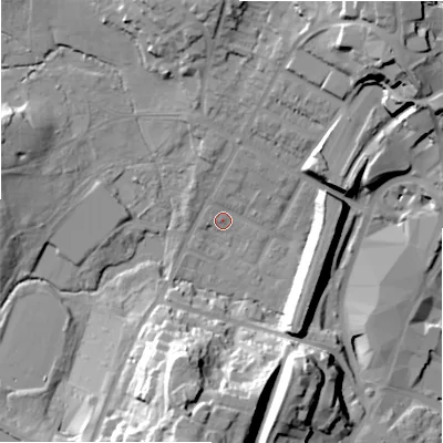 Shaded relief map of the ground around B736DZ, computed from Environment Agency LiDAR. The ground here sits at about 110 m above sea level and falls 32 m across the surrounding 800 m. Surface water reaching this point runs off ground lying to the south, 28.0 m higher.