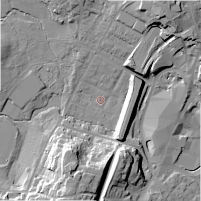 Shaded relief map of the ground around B736EA, computed from Environment Agency LiDAR. The ground here sits at about 110 m above sea level and falls 33 m across the surrounding 800 m. Surface water reaching this point runs off ground lying to the south-south-west, 29.9 m higher.