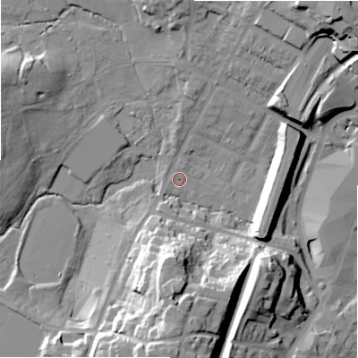 Shaded relief map of the ground around B736EB, computed from Environment Agency LiDAR. The ground here sits at about 111 m above sea level and falls 31 m across the surrounding 800 m. Surface water reaching this point runs off ground lying to the south, 25.7 m higher.