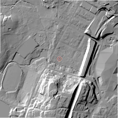 Shaded relief map of the ground around B736ED, computed from Environment Agency LiDAR. The ground here sits at about 111 m above sea level and falls 31 m across the surrounding 800 m. Surface water reaching this point runs off ground lying to the south, 30.5 m higher.