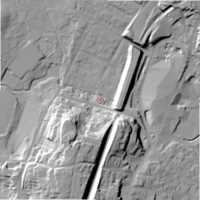 Shaded relief map of the ground around B736EF, computed from Environment Agency LiDAR. The ground here sits at about 112 m above sea level and falls 34 m across the surrounding 800 m. Surface water reaching this point runs off ground lying to the south-south-west, 30.2 m higher.