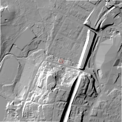 Shaded relief map of the ground around B736EG, computed from Environment Agency LiDAR. The ground here sits at about 112 m above sea level and falls 33 m across the surrounding 800 m. Surface water reaching this point runs off ground lying to the south-south-west, 30.5 m higher.