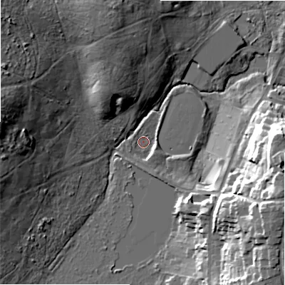 Shaded relief map of the ground around B736ES, computed from Environment Agency LiDAR. The ground here sits at about 114 m above sea level and falls 29 m across the surrounding 800 m. Surface water reaching this point runs off ground lying to the south-east, 25.6 m higher.