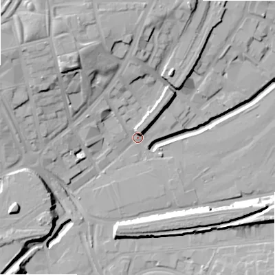 Shaded relief map of the ground around B74HB, computed from Environment Agency LiDAR. The ground here sits at about 101 m above sea level and falls 27 m across the surrounding 800 m. Surface water reaching this point runs off ground lying to the north, 10.4 m higher.