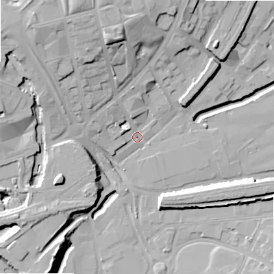 Shaded relief map of the ground around B74HH, computed from Environment Agency LiDAR. The ground here sits at about 100 m above sea level and falls 26 m across the surrounding 800 m. Surface water reaching this point runs off ground lying to the north-north-west, 20.0 m higher.