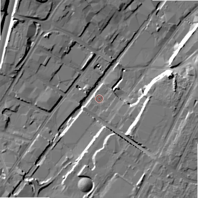 Shaded relief map of the ground around B74NT, computed from Environment Agency LiDAR. The ground here sits at about 100 m above sea level and falls 18 m across the surrounding 800 m. Surface water reaching this point runs off ground lying to the south-south-east, 10.0 m higher.