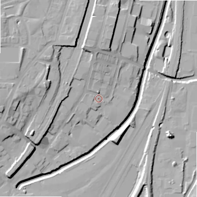 Shaded relief map of the ground around B74RH, computed from Environment Agency LiDAR. The ground here sits at about 102 m above sea level and falls 22 m across the surrounding 800 m. Surface water reaching this point runs off ground lying to the north-north-west, 9.2 m higher.