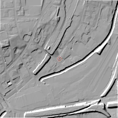 Shaded relief map of the ground around B74SA, computed from Environment Agency LiDAR. The ground here sits at about 100 m above sea level and falls 27 m across the surrounding 800 m. Surface water reaching this point runs off ground lying to the north-west, 14.6 m higher.