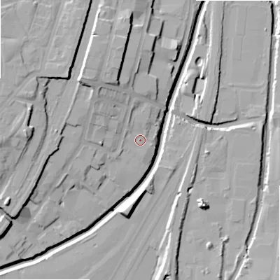 Shaded relief map of the ground around B74SH, computed from Environment Agency LiDAR. The ground here sits at about 101 m above sea level and falls 20 m across the surrounding 800 m. Surface water reaching this point runs off ground lying to the north-west, 1.4 m higher.