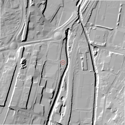 Shaded relief map of the ground around B74SN, computed from Environment Agency LiDAR. The ground here sits at about 96 m above sea level and falls 22 m across the surrounding 800 m. Surface water reaching this point runs off ground lying to the south-south-west, 2.6 m higher.