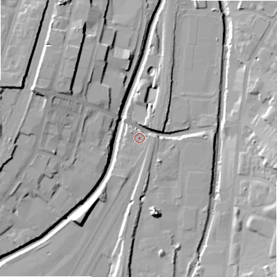 Shaded relief map of the ground around B74SZ, computed from Environment Agency LiDAR. The ground here sits at about 98 m above sea level and falls 19 m across the surrounding 800 m. Surface water reaching this point runs off ground lying to the south-south-east, 12.1 m higher.