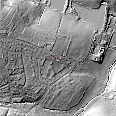 Shaded relief map of the ground around B757JB, computed from Environment Agency LiDAR. The ground here sits at about 108 m above sea level and falls 32 m across the surrounding 800 m. Surface water reaching this point runs off ground lying to the west-north-west, 16.2 m higher.