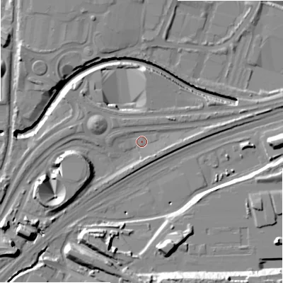 Shaded relief map of the ground around B75AH, computed from Environment Agency LiDAR. The ground here sits at about 92 m above sea level and falls 27 m across the surrounding 800 m. Surface water reaching this point runs off ground lying to the south-west, 7.0 m higher.