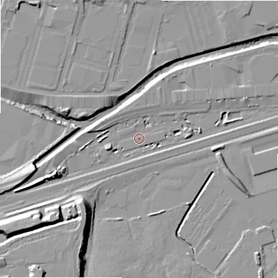 Shaded relief map of the ground around B75AU, computed from Environment Agency LiDAR. The ground here sits at about 88 m above sea level and falls 18 m across the surrounding 800 m. Surface water reaching this point runs off ground lying to the west-south-west, 11.3 m higher.