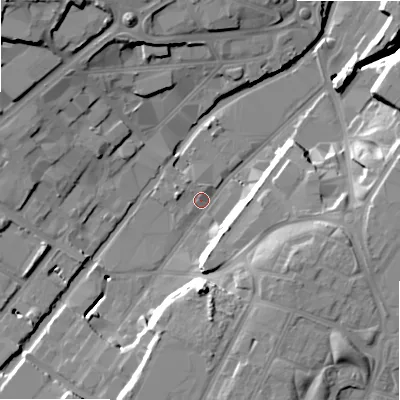 Shaded relief map of the ground around B75EA, computed from Environment Agency LiDAR. The ground here sits at about 98 m above sea level and falls 26 m across the surrounding 800 m. Surface water reaching this point runs off ground lying to the south, 17.3 m higher.