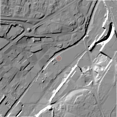 Shaded relief map of the ground around B75EE, computed from Environment Agency LiDAR. The ground here sits at about 97 m above sea level and falls 28 m across the surrounding 800 m. Surface water reaching this point runs off ground lying to the south-west, 0.8 m higher.