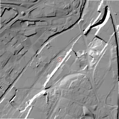 Shaded relief map of the ground around B75EH, computed from Environment Agency LiDAR. The ground here sits at about 97 m above sea level and falls 26 m across the surrounding 800 m. Surface water reaching this point runs off ground lying to the south-south-east, 19.5 m higher.