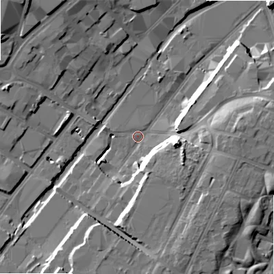 Shaded relief map of the ground around B75EP, computed from Environment Agency LiDAR. The ground here sits at about 99 m above sea level and falls 18 m across the surrounding 800 m. Surface water reaching this point runs off ground lying to the east-south-east, 15.4 m higher.
