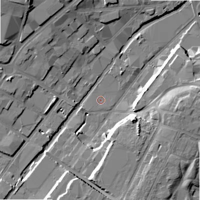 Shaded relief map of the ground around B75EW, computed from Environment Agency LiDAR. The ground here sits at about 98 m above sea level and falls 22 m across the surrounding 800 m. Surface water reaching this point runs off ground lying to the south-south-west, 0.7 m higher.