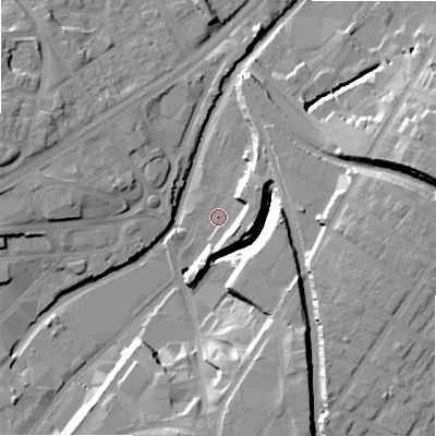 Shaded relief map of the ground around B75HR, computed from Environment Agency LiDAR. The ground here sits at about 95 m above sea level and falls 19 m across the surrounding 800 m. Surface water reaching this point runs off ground lying to the south-south-west, 7.8 m higher.