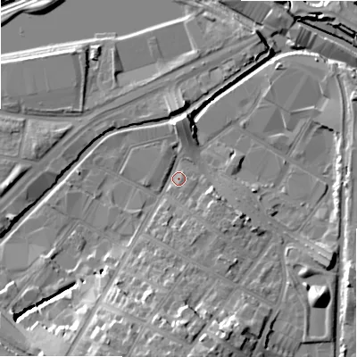 Shaded relief map of the ground around B75JQ, computed from Environment Agency LiDAR. The ground here sits at about 92 m above sea level and falls 20 m across the surrounding 800 m. Surface water reaching this point runs off ground lying to the south-south-west, 17.5 m higher.