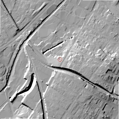 Shaded relief map of the ground around B75JU, computed from Environment Agency LiDAR. The ground here sits at about 103 m above sea level and falls 19 m across the surrounding 800 m. Surface water reaching this point runs off ground lying to the south, 6.7 m higher.