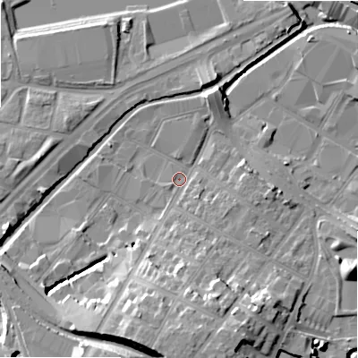 Shaded relief map of the ground around B75JX, computed from Environment Agency LiDAR. The ground here sits at about 92 m above sea level and falls 21 m across the surrounding 800 m. Surface water reaching this point runs off ground lying to the south, 16.7 m higher.