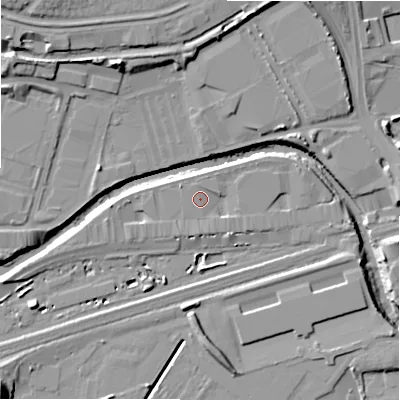 Shaded relief map of the ground around B75PJ, computed from Environment Agency LiDAR. The ground here sits at about 89 m above sea level and falls 16 m across the surrounding 800 m. Surface water reaching this point runs off ground lying to the north-east, 1.3 m higher.
