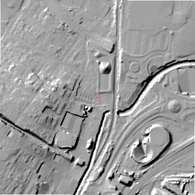 Shaded relief map of the ground around B75QU, computed from Environment Agency LiDAR. The ground here sits at about 93 m above sea level and falls 24 m across the surrounding 800 m. Surface water reaching this point runs off ground lying to the west-south-west, 16.9 m higher.