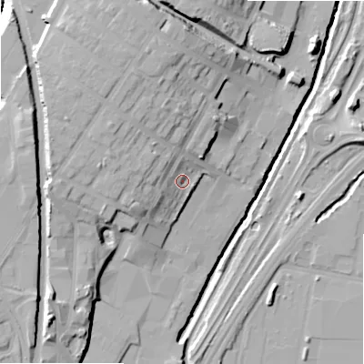 Shaded relief map of the ground around B75RD, computed from Environment Agency LiDAR. The ground here sits at about 99 m above sea level and falls 23 m across the surrounding 800 m. Surface water reaching this point runs off ground lying to the west-north-west, 7.9 m higher.