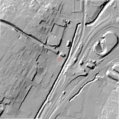Shaded relief map of the ground around B75RX, computed from Environment Agency LiDAR. The ground here sits at about 95 m above sea level and falls 24 m across the surrounding 800 m. Surface water reaching this point runs off ground lying to the west-north-west, 14.8 m higher.