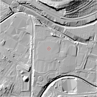 Shaded relief map of the ground around B75SA, computed from Environment Agency LiDAR. The ground here sits at about 94 m above sea level and falls 31 m across the surrounding 800 m. Surface water reaching this point runs off ground lying to the south, 0.5 m higher.