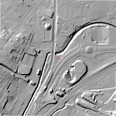 Shaded relief map of the ground around B75SB, computed from Environment Agency LiDAR. The ground here sits at about 93 m above sea level and falls 23 m across the surrounding 800 m. Surface water reaching this point runs off ground lying to the north-west, 2.0 m higher.