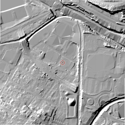 Shaded relief map of the ground around B75SE, computed from Environment Agency LiDAR. The ground here sits at about 90 m above sea level and falls 30 m across the surrounding 800 m. Surface water reaching this point runs off ground lying to the south-west, 19.2 m higher.
