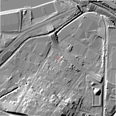 Shaded relief map of the ground around B75SG, computed from Environment Agency LiDAR. The ground here sits at about 92 m above sea level and falls 23 m across the surrounding 800 m. Surface water reaching this point runs off ground lying to the east-south-east, 4.3 m higher.