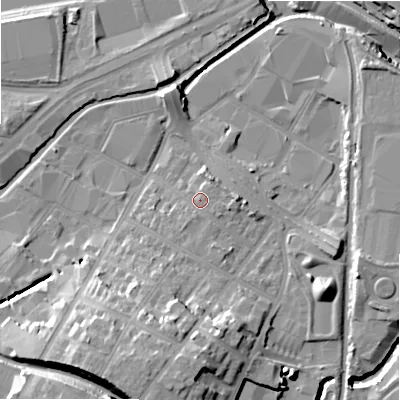 Shaded relief map of the ground around B75SH, computed from Environment Agency LiDAR. The ground here sits at about 94 m above sea level and falls 23 m across the surrounding 800 m. Surface water reaching this point runs off ground lying to the south-south-west, 2.4 m higher.