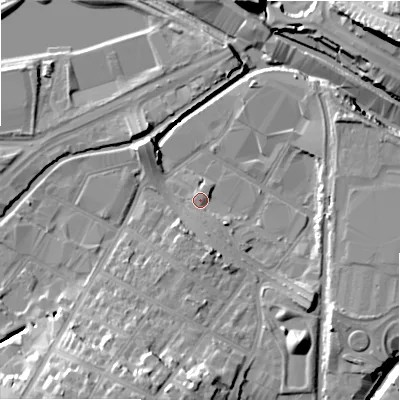 Shaded relief map of the ground around B75SY, computed from Environment Agency LiDAR. The ground here sits at about 92 m above sea level and falls 24 m across the surrounding 800 m. Surface water reaching this point runs off ground lying to the south, 1.3 m higher.