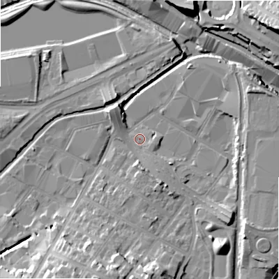 Shaded relief map of the ground around B75TE, computed from Environment Agency LiDAR. The ground here sits at about 91 m above sea level and falls 21 m across the surrounding 800 m. Surface water reaching this point runs off ground lying to the south-south-west, 16.7 m higher.