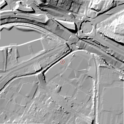 Shaded relief map of the ground around B75TH, computed from Environment Agency LiDAR. The ground here sits at about 91 m above sea level and falls 26 m across the surrounding 800 m. Surface water reaching this point runs off ground lying to the south-south-east, 8.5 m higher.